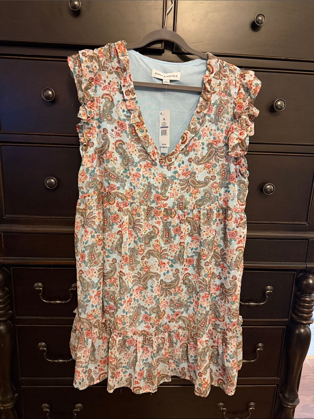 Emma & Michele Light Blue Floral Paisley Ruffle Mini Dress